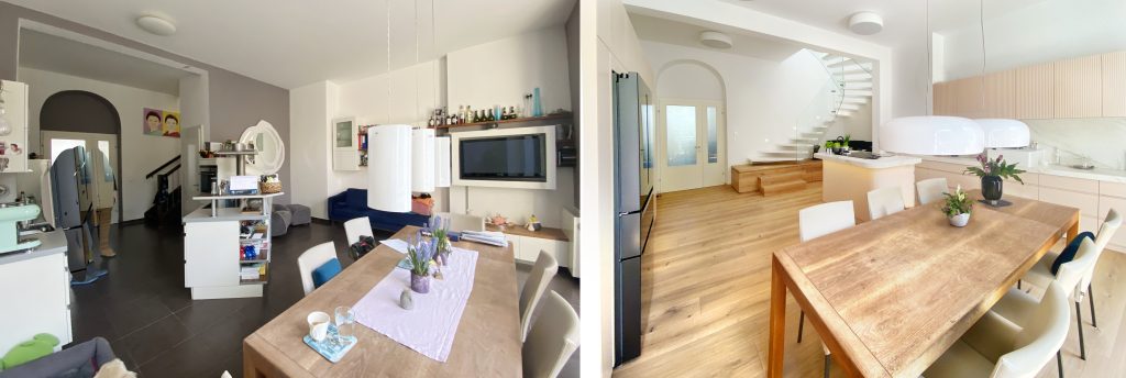 Das Umplanen einer Küche zu einem hellen freundlichen Wohnbereich. Vorher-Nachher Bilder, vor dem Umbau und nach dem Umbau